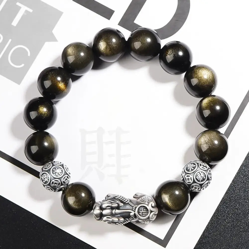 BWOOOH 925 Sterling Silver Natural Gold Sheen Obsidian PiXiu Wealth Protection Bracelet - BWOOOH - 10mm