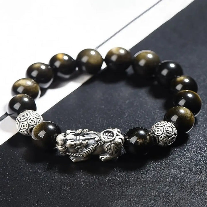 Buddha Stones 925 Sterling Silver Natural Gold Sheen Obsidian PiXiu Wealth Protection Bracelet - BWOOOH - 12mm