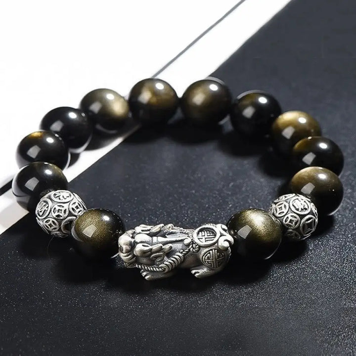 Buddha Stones 925 Sterling Silver Natural Gold Sheen Obsidian PiXiu Wealth Protection Bracelet - BWOOOH - 14mm