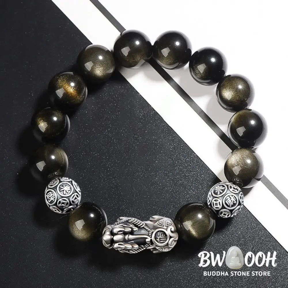 Buddha Stones 925 Sterling Silver Natural Gold Sheen Obsidian PiXiu Wealth Protection Bracelet - BWOOOH - Bracelet