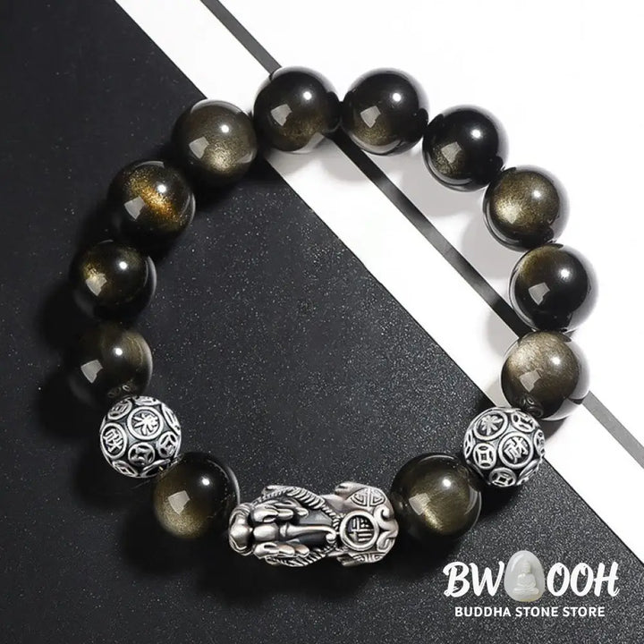 Buddha Stones 925 Sterling Silver Natural Gold Sheen Obsidian PiXiu Wealth Protection Bracelet - BWOOOH - Bracelet