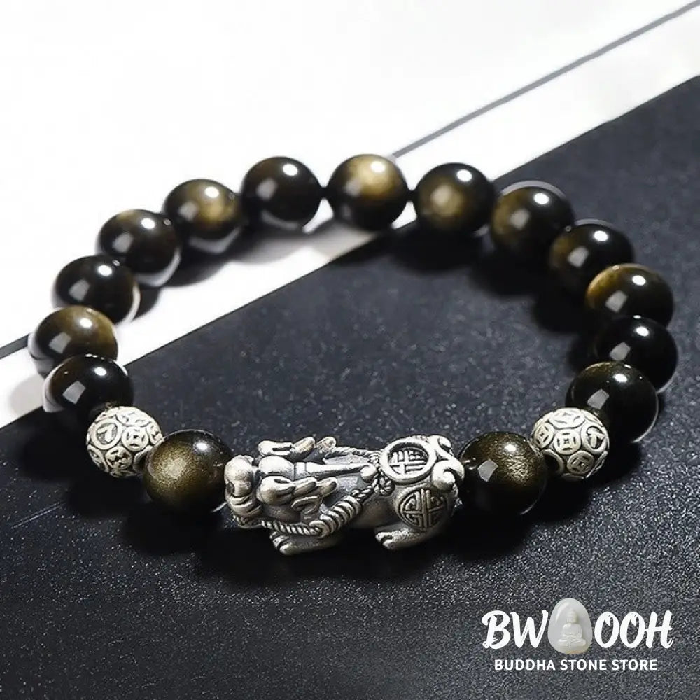 Buddha Stones 925 Sterling Silver Natural Gold Sheen Obsidian PiXiu Wealth Protection Bracelet - BWOOOH - Bracelet