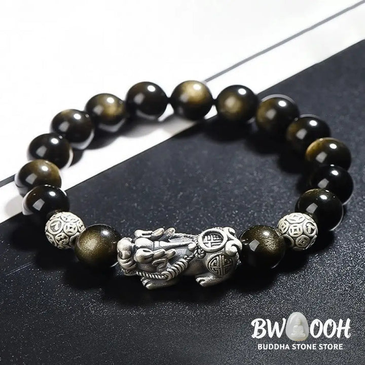 Buddha Stones 925 Sterling Silver Natural Gold Sheen Obsidian PiXiu Wealth Protection Bracelet - BWOOOH - Bracelet