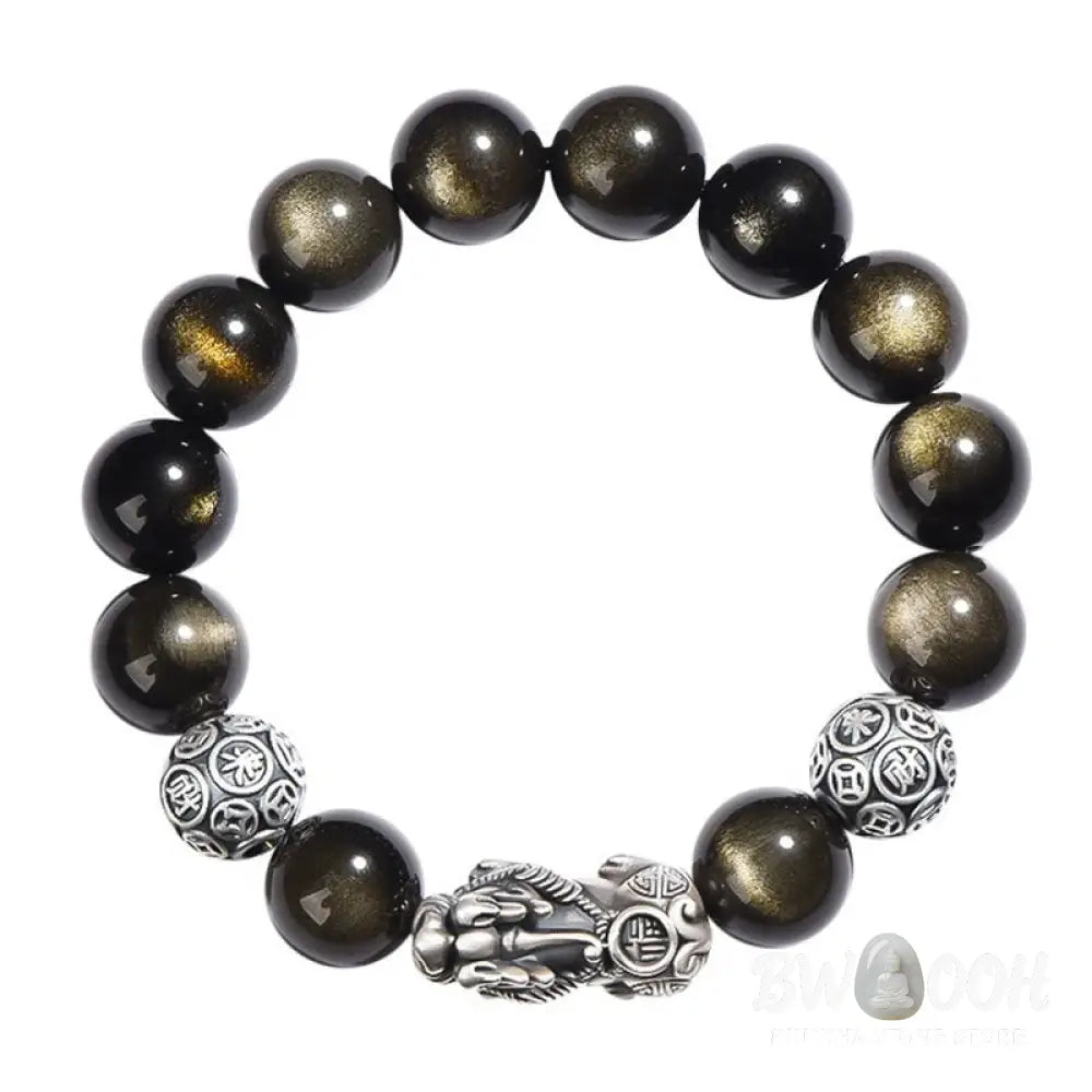 Buddha Stones 925 Sterling Silver Natural Gold Sheen Obsidian PiXiu Wealth Protection Bracelet - BWOOOH - Bracelet