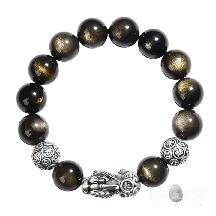Buddha Stones 925 Sterling Silver Natural Gold Sheen Obsidian PiXiu Wealth Protection Bracelet - BWOOOH - Bracelet