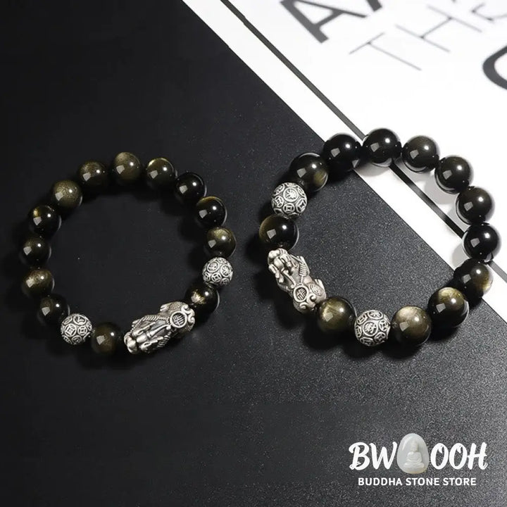 Buddha Stones 925 Sterling Silver Natural Gold Sheen Obsidian PiXiu Wealth Protection Bracelet - BWOOOH - Bracelet