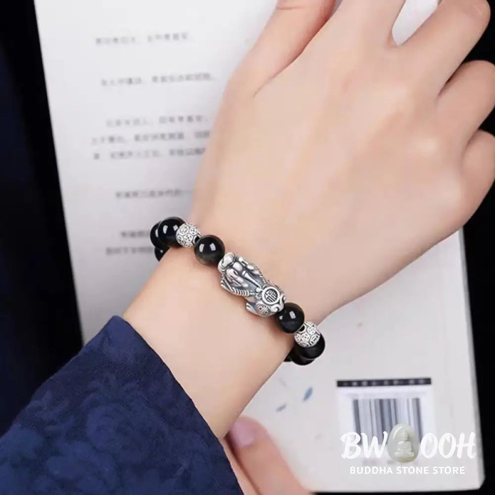Buddha Stones 925 Sterling Silver Natural Gold Sheen Obsidian PiXiu Wealth Protection Bracelet - BWOOOH - Bracelet