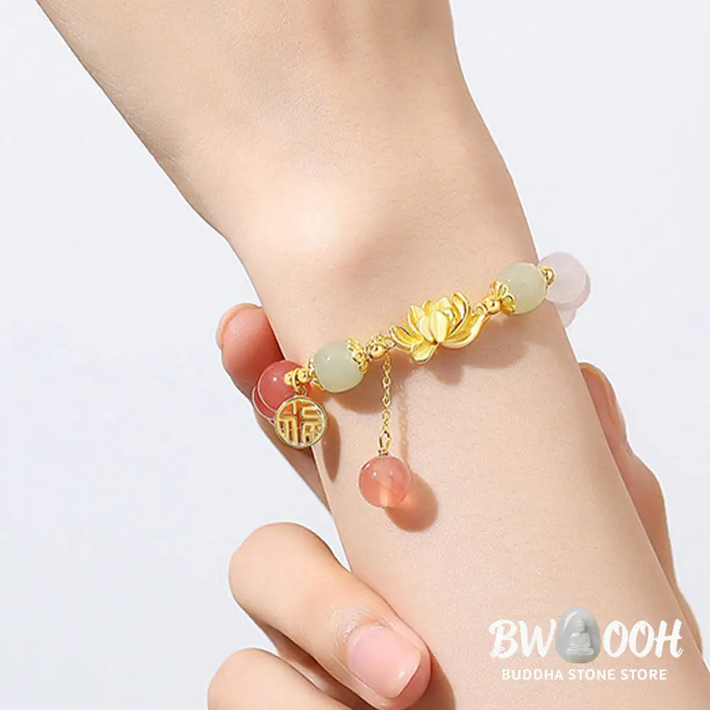 Buddha Stones 925 Sterling Silver Natural Gradient Agate Hetian Jade Lotus Fu Character Enlightenment Bracelet - BWOOOH