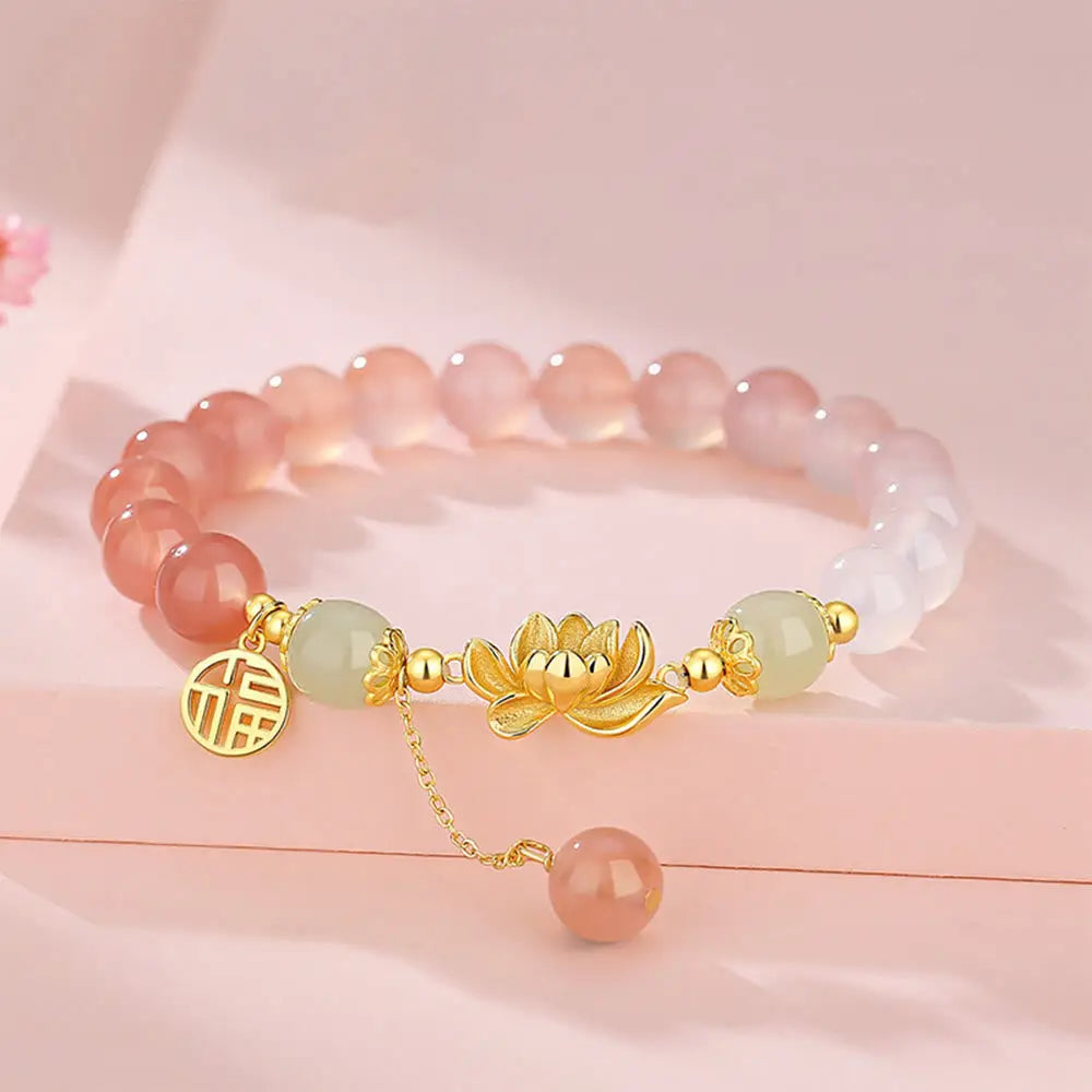 BWOOOH 925 Sterling Silver Natural Gradient Agate Hetian Jade Lotus Fu Character Enlightenment Bracelet — Sterling Silver ...