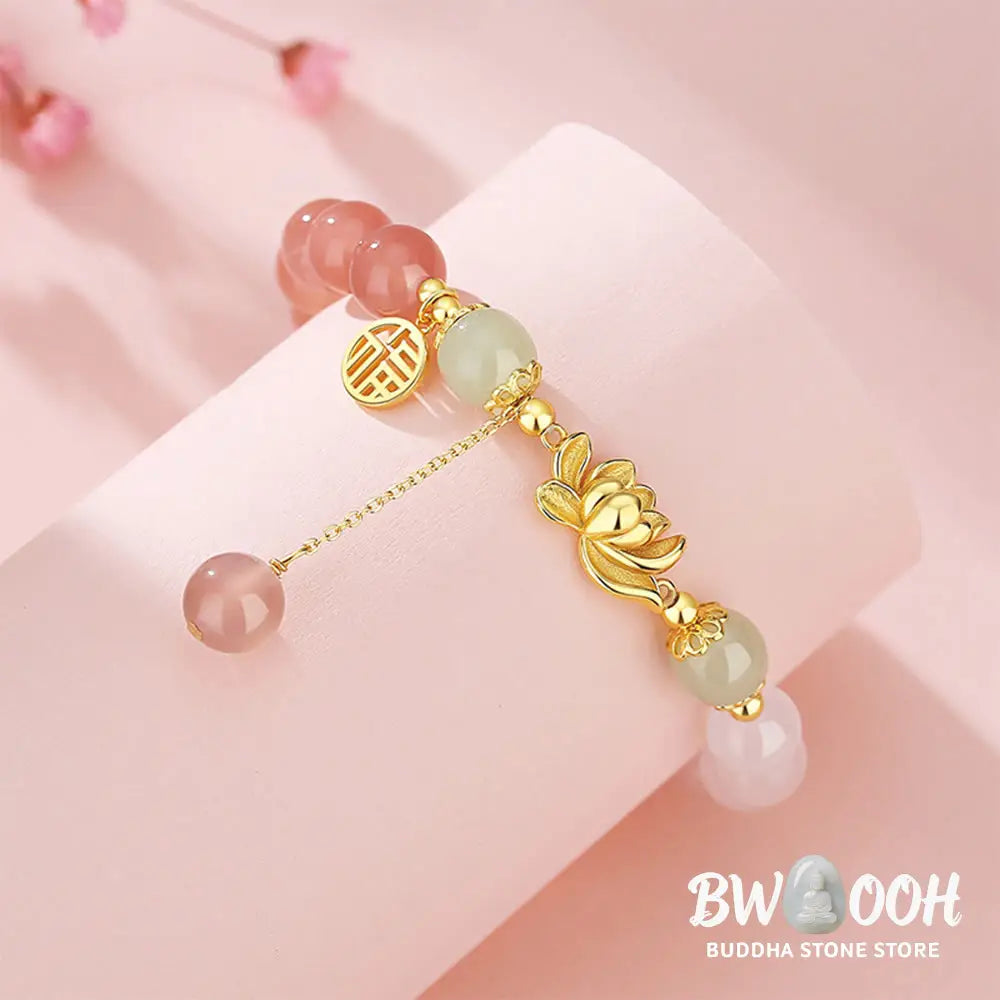Buddha Stones 925 Sterling Silver Natural Gradient Agate Hetian Jade Lotus Fu Character Enlightenment Bracelet - BWOOOH