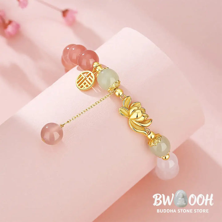 Buddha Stones 925 Sterling Silver Natural Gradient Agate Hetian Jade Lotus Fu Character Enlightenment Bracelet - BWOOOH