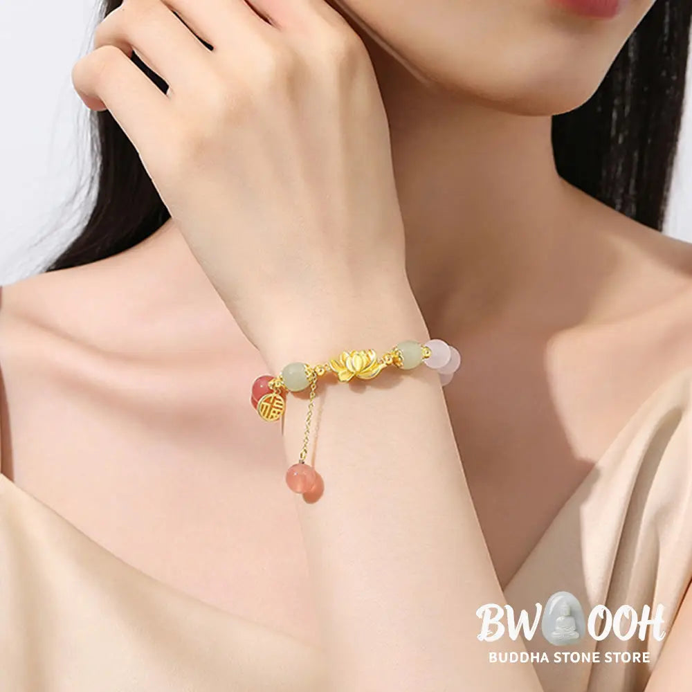 Buddha Stones 925 Sterling Silver Natural Gradient Agate Hetian Jade Lotus Fu Character Enlightenment Bracelet - BWOOOH