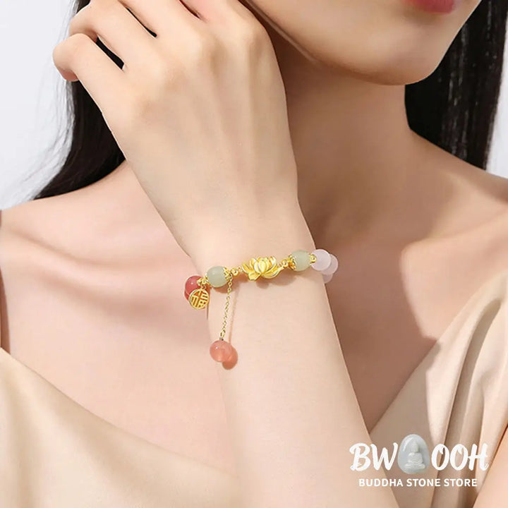Buddha Stones 925 Sterling Silver Natural Gradient Agate Hetian Jade Lotus Fu Character Enlightenment Bracelet - BWOOOH
