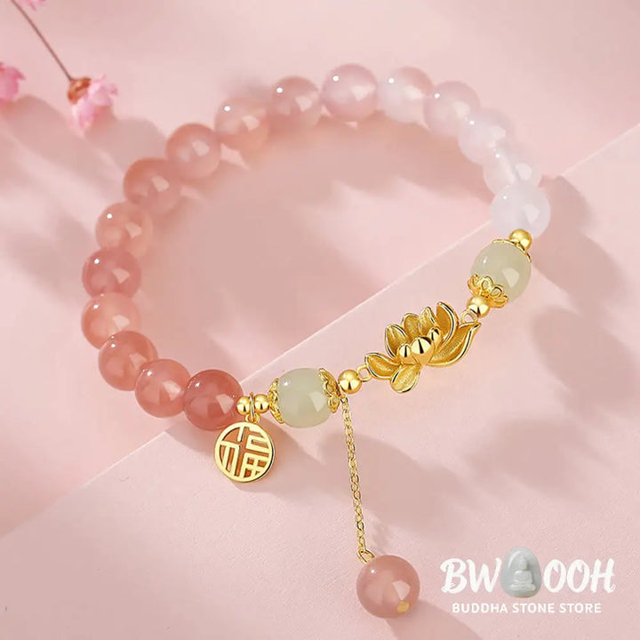 Buddha Stones 925 Sterling Silver Natural Gradient Agate Hetian Jade Lotus Fu Character Enlightenment Bracelet - BWOOOH