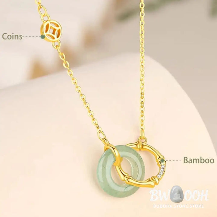 Buddha Stones 925 Sterling Silver Natural Green Aventurine Peace Buckle Bamboo Coin Prosperity Necklace Pendant