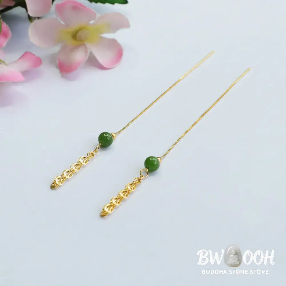 Buddha Stones 925 Sterling Silver Natural Hetian Cyan Jade Bead Luck Phoenix Tail Drop Earrings - Hetian Cyan Jade(925