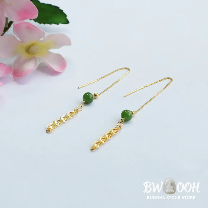 Buddha Stones 925 Sterling Silver Natural Hetian Cyan Jade Bead Luck Phoenix Tail Drop Earrings - Hetian Cyan Jade(925