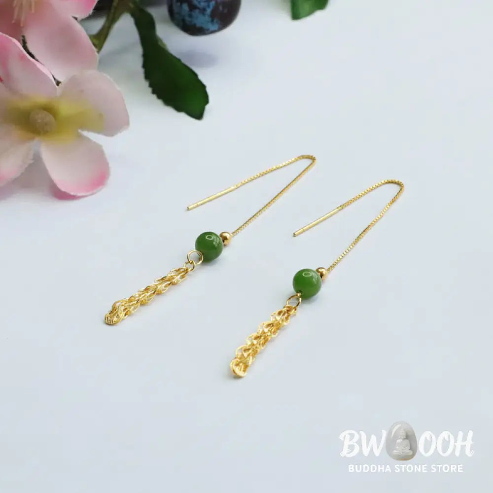 Buddha Stones 925 Sterling Silver Natural Hetian Cyan Jade Bead Luck Phoenix Tail Drop Earrings - Hetian Cyan Jade(925
