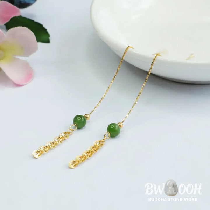Buddha Stones 925 Sterling Silver Natural Hetian Cyan Jade Bead Luck Phoenix Tail Drop Earrings - Hetian Cyan Jade(925