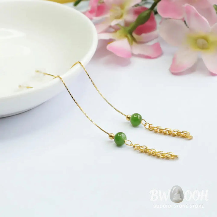 Buddha Stones 925 Sterling Silver Natural Hetian Cyan Jade Bead Luck Phoenix Tail Drop Earrings - Hetian Cyan Jade(925