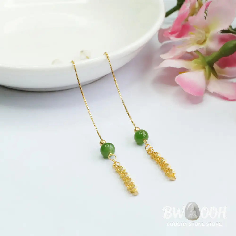 Buddha Stones 925 Sterling Silver Natural Hetian Cyan Jade Bead Luck Phoenix Tail Drop Earrings - Hetian Cyan Jade(925
