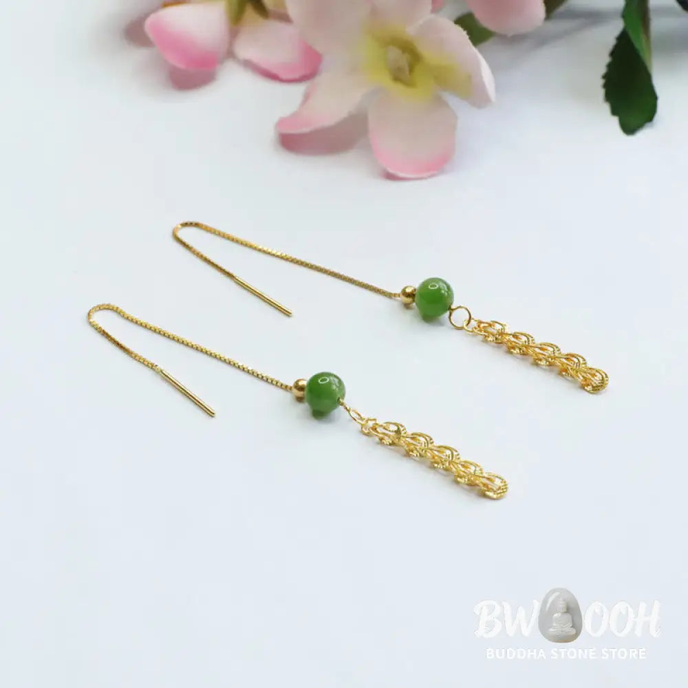 Buddha Stones 925 Sterling Silver Natural Hetian Cyan Jade Bead Luck Phoenix Tail Drop Earrings - Hetian Cyan Jade(925