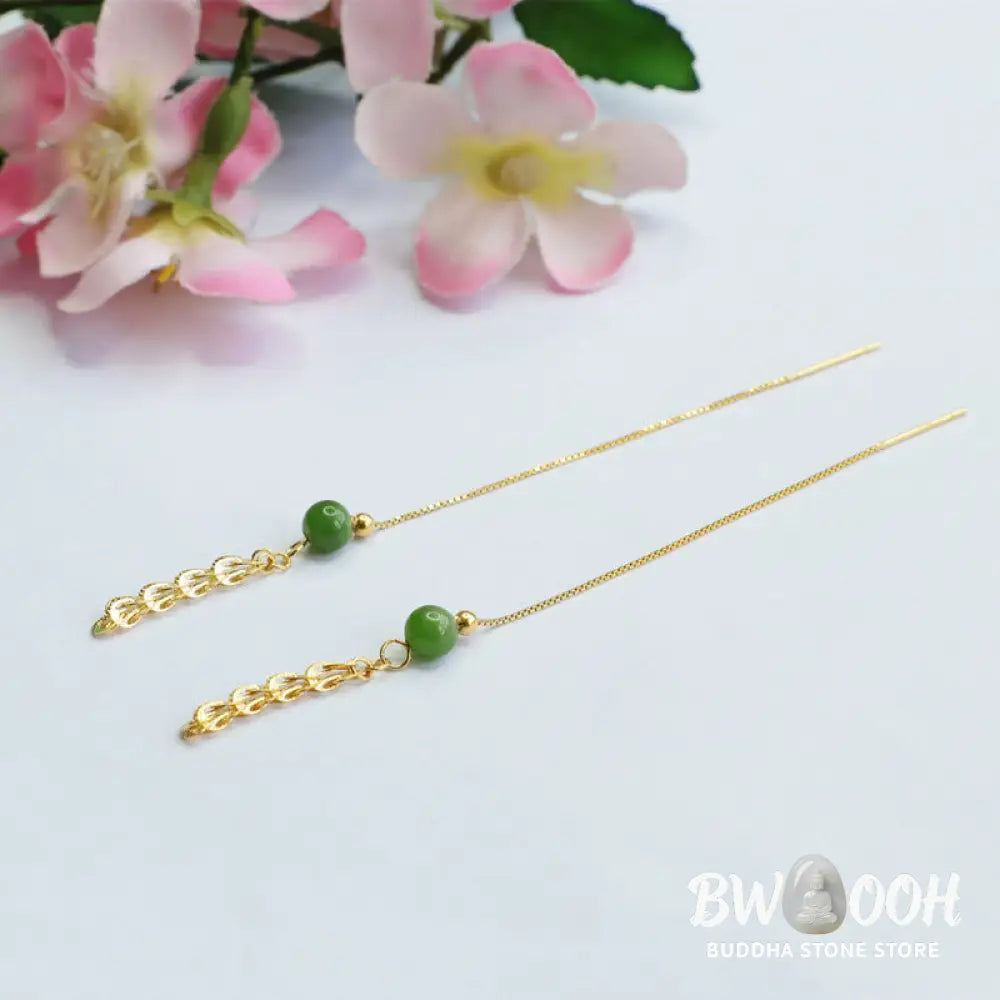 Buddha Stones 925 Sterling Silver Natural Hetian Cyan Jade Bead Luck Phoenix Tail Drop Earrings - Hetian Cyan Jade(925
