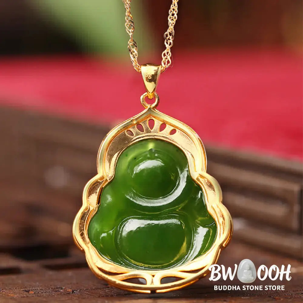 Buddha Stones 925 Sterling Silver Natural Hetian Cyan Jade Laughing Buddha 18K Gold Healing Necklace Chain Pendant