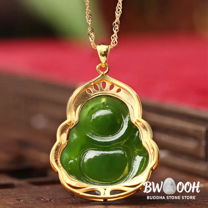 Buddha Stones 925 Sterling Silver Natural Hetian Cyan Jade Laughing Buddha 18K Gold Healing Necklace Chain Pendant