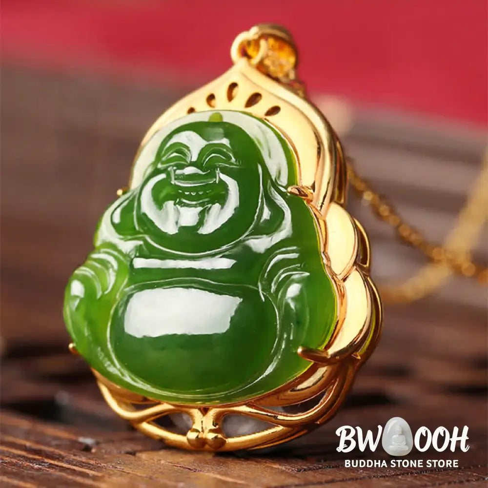 Buddha Stones 925 Sterling Silver Natural Hetian Cyan Jade Laughing Buddha 18K Gold Healing Necklace Chain Pendant