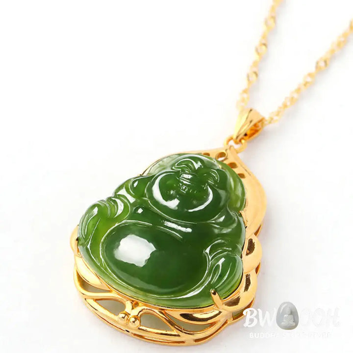 Buddha Stones 925 Sterling Silver Natural Hetian Cyan Jade Laughing Buddha 18K Gold Healing Necklace Chain Pendant