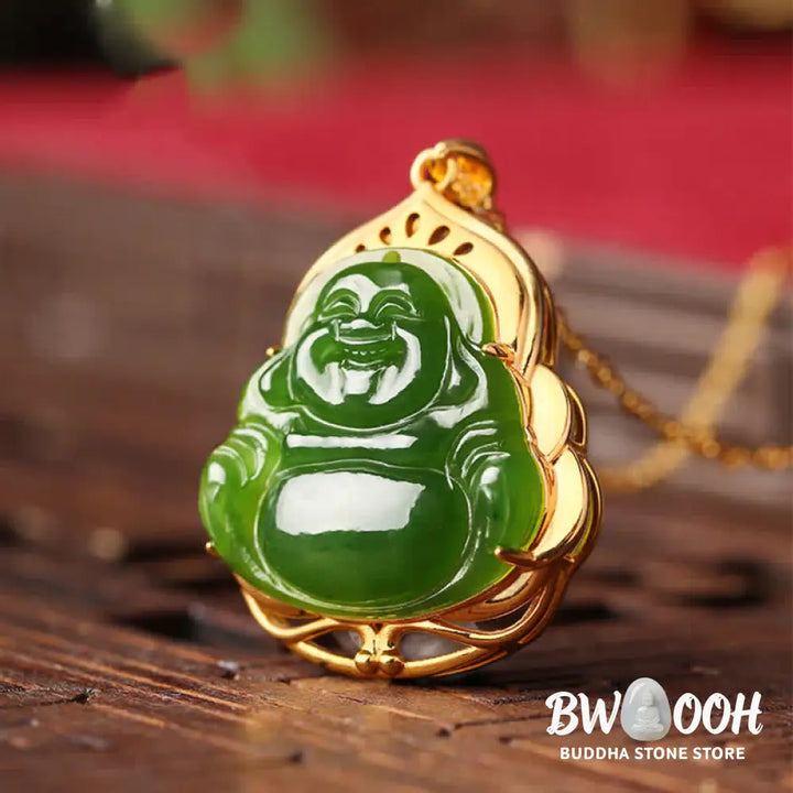 Buddha Stones 925 Sterling Silver Natural Hetian Cyan Jade Laughing Buddha 18K Gold Healing Necklace Chain Pendant
