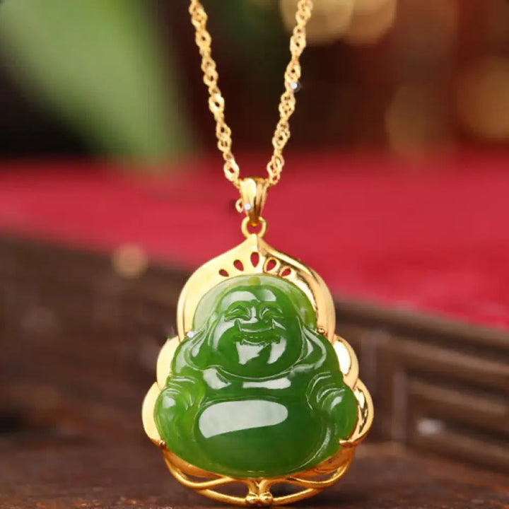 BWOOOH 925 Sterling Silver Natural Hetian Cyan Jade Laughing Buddha 18K Gold Healing Necklace Chain Pendant - BWOOOH spiritual jewelry inspired by Drolma