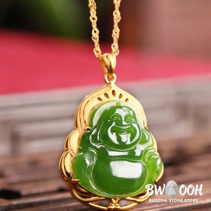 Buddha Stones 925 Sterling Silver Natural Hetian Cyan Jade Laughing Buddha 18K Gold Healing Necklace Chain Pendant