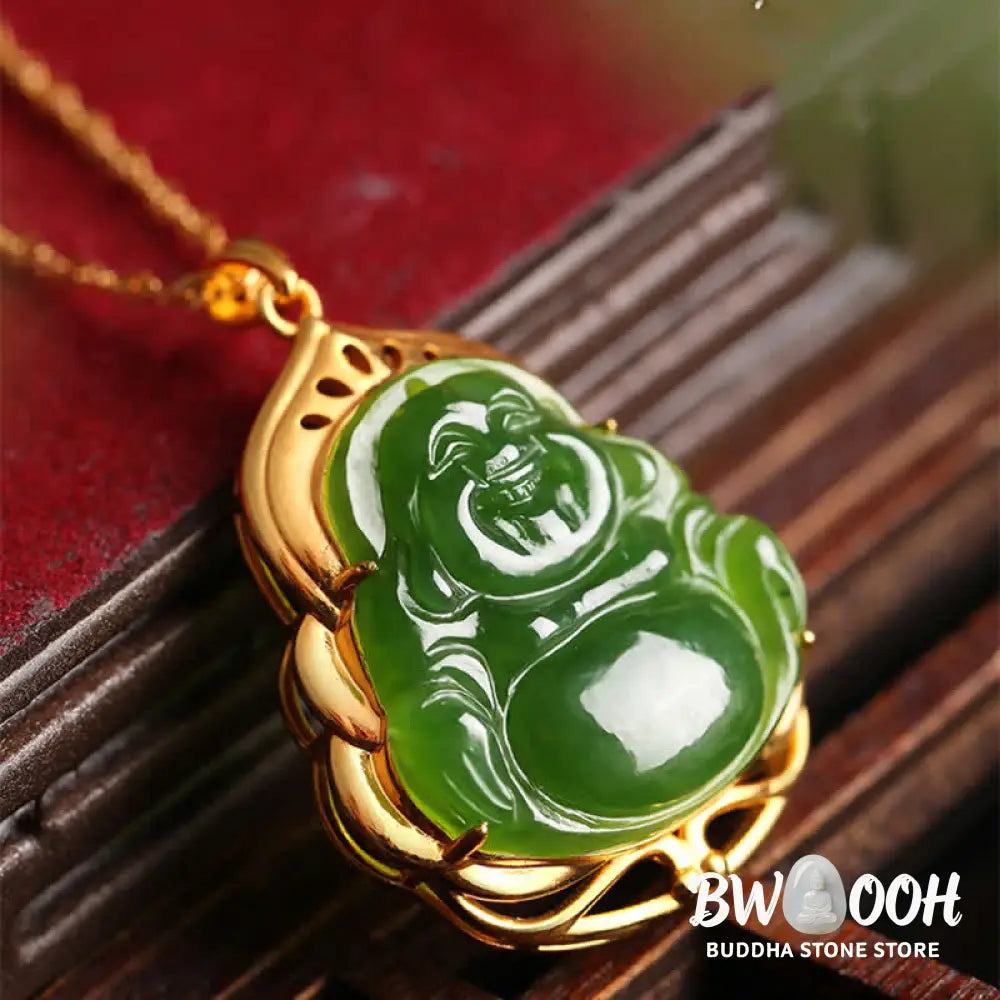 Buddha Stones 925 Sterling Silver Natural Hetian Cyan Jade Laughing Buddha 18K Gold Healing Necklace Chain Pendant