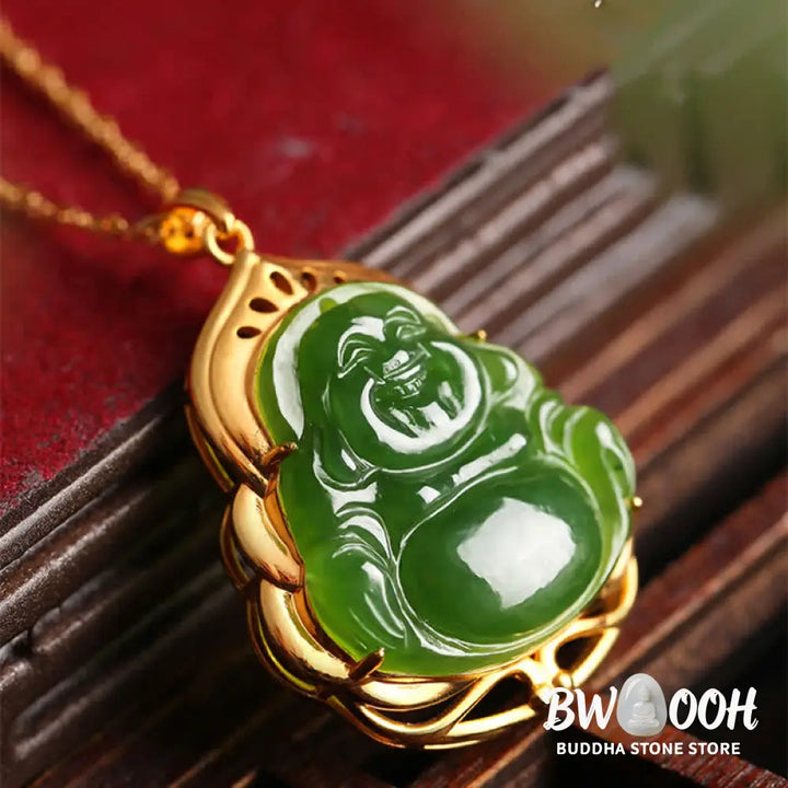 Buddha Stones 925 Sterling Silver Natural Hetian Cyan Jade Laughing Buddha 18K Gold Healing Necklace Chain Pendant