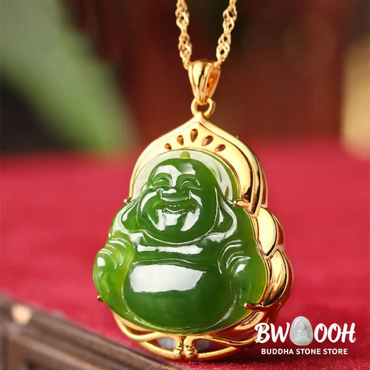 Buddha Stones 925 Sterling Silver Natural Hetian Cyan Jade Laughing Buddha 18K Gold Healing Necklace Chain Pendant
