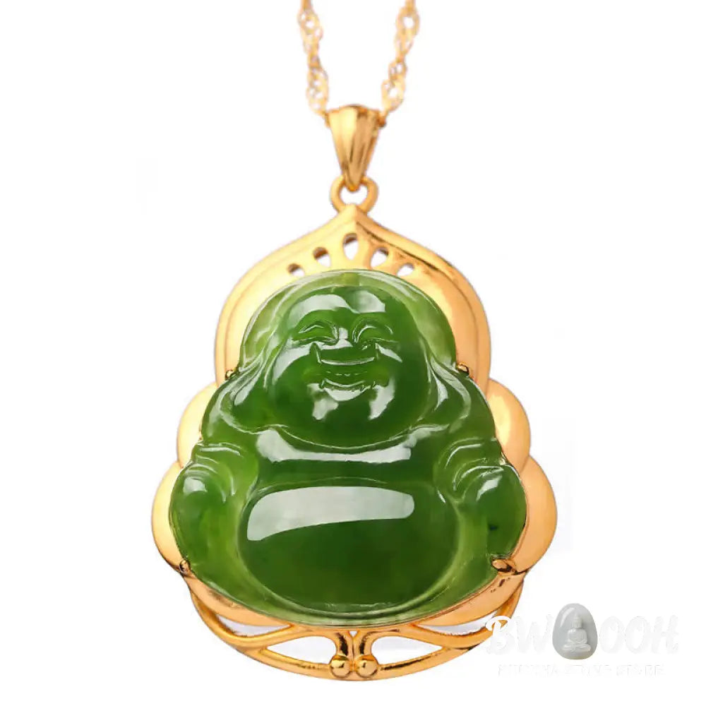 Buddha Stones 925 Sterling Silver Natural Hetian Cyan Jade Laughing Buddha 18K Gold Healing Necklace Chain Pendant