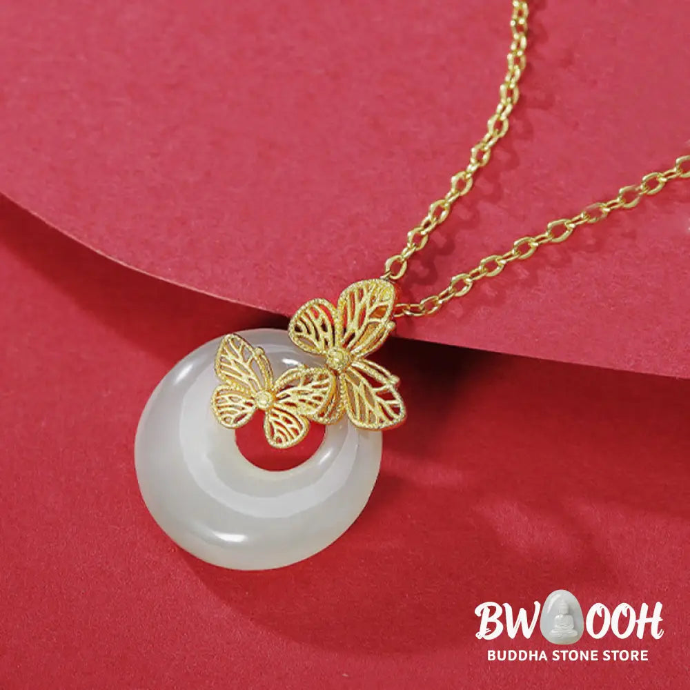 Buddha Stones 925 Sterling Silver Natural Hetian Jade Butterfly Prosperity Necklace Pendant - BWOOOH - Necklaces &