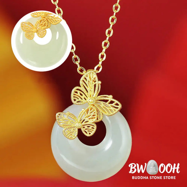 Buddha Stones 925 Sterling Silver Natural Hetian Jade Butterfly Prosperity Necklace Pendant - BWOOOH - Necklaces &amp;