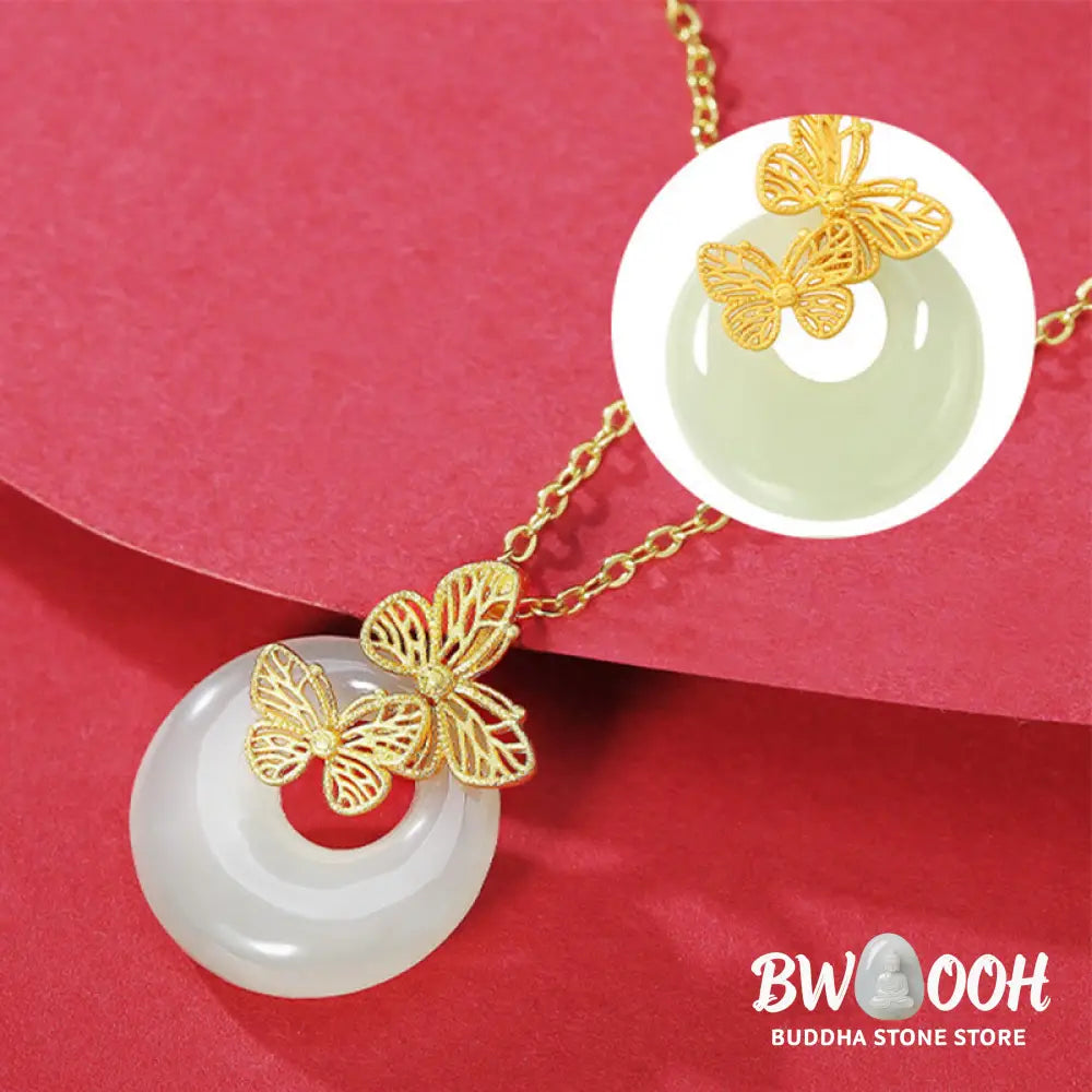 Buddha Stones 925 Sterling Silver Natural Hetian Jade Butterfly Prosperity Necklace Pendant - BWOOOH - Necklaces &amp;
