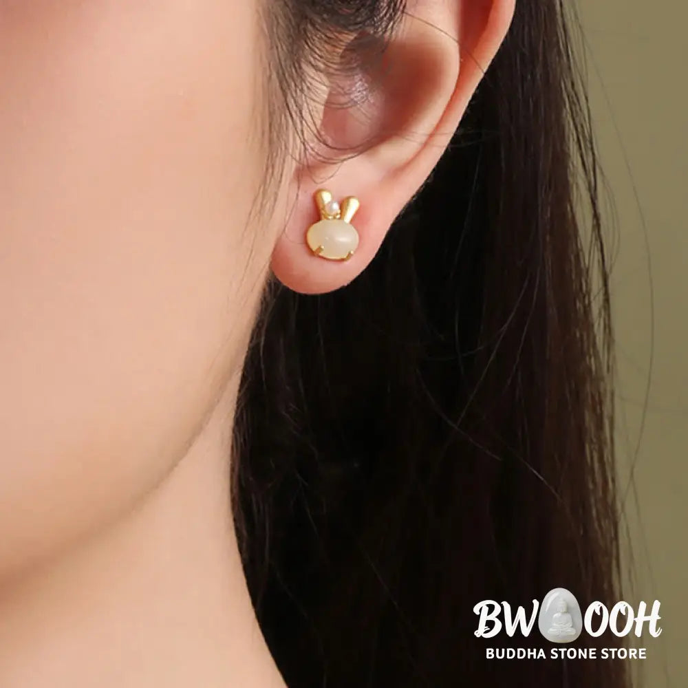 Buddha Stones 925 Sterling Silver Natural Hetian Jade Cute Rabbit Pearl Abundance Earrings - 925 Sterling Silver Hetian