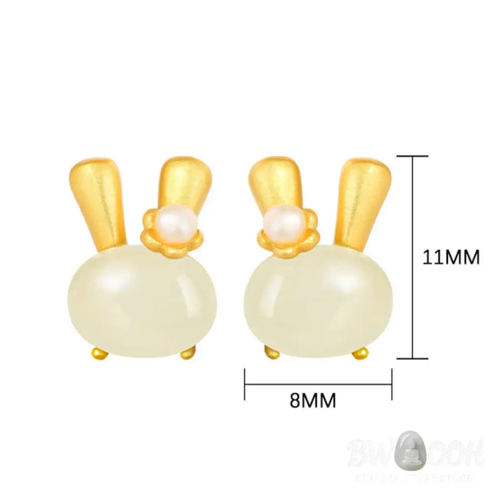 Buddha Stones 925 Sterling Silver Natural Hetian Jade Cute Rabbit Pearl Abundance Earrings - 925 Sterling Silver Hetian