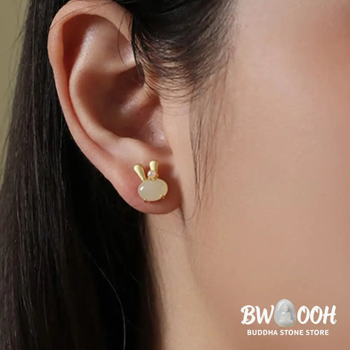 Buddha Stones 925 Sterling Silver Natural Hetian Jade Cute Rabbit Pearl Abundance Earrings - 925 Sterling Silver Hetian