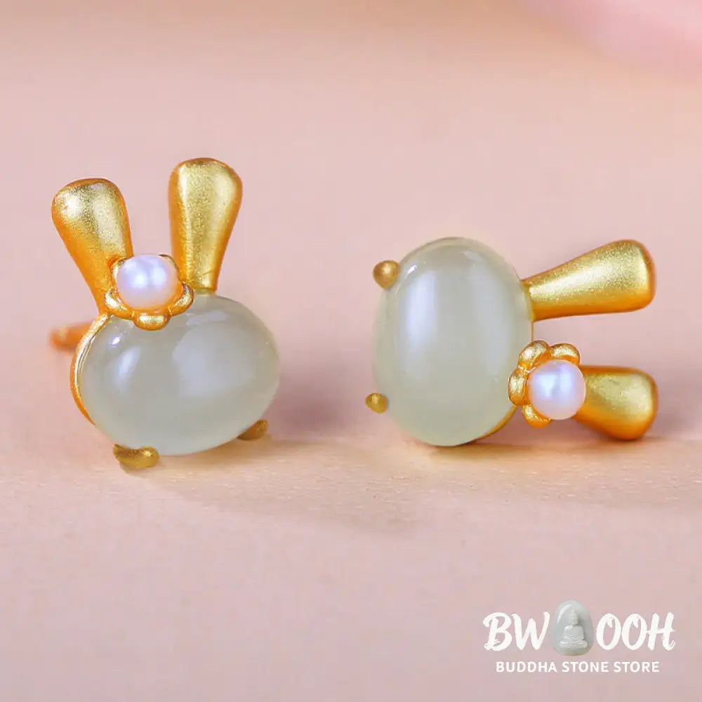 Buddha Stones 925 Sterling Silver Natural Hetian Jade Cute Rabbit Pearl Abundance Earrings - 925 Sterling Silver Hetian
