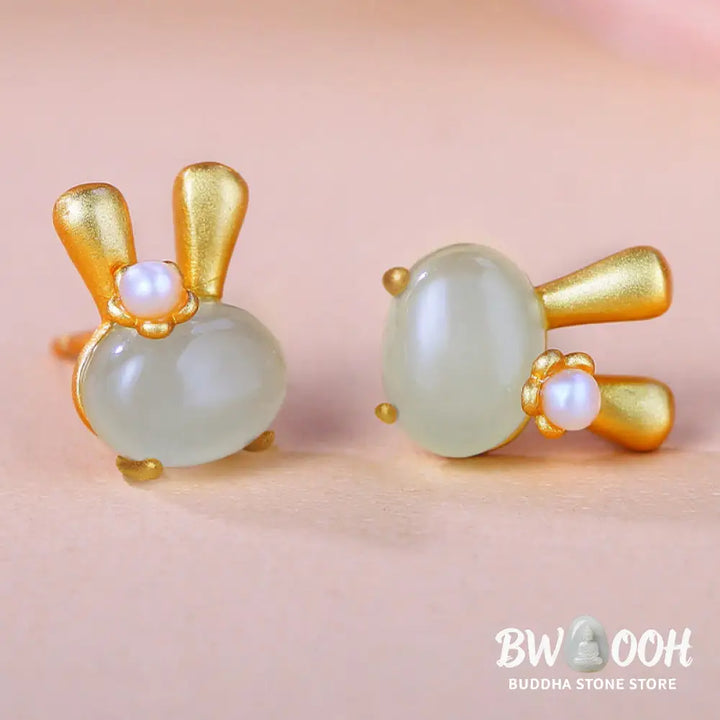 Buddha Stones 925 Sterling Silver Natural Hetian Jade Cute Rabbit Pearl Abundance Earrings - 925 Sterling Silver Hetian