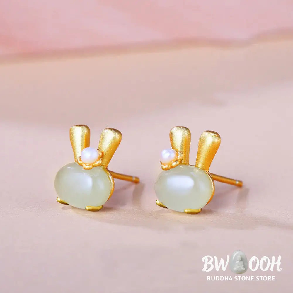 Buddha Stones 925 Sterling Silver Natural Hetian Jade Cute Rabbit Pearl Abundance Earrings - 925 Sterling Silver Hetian