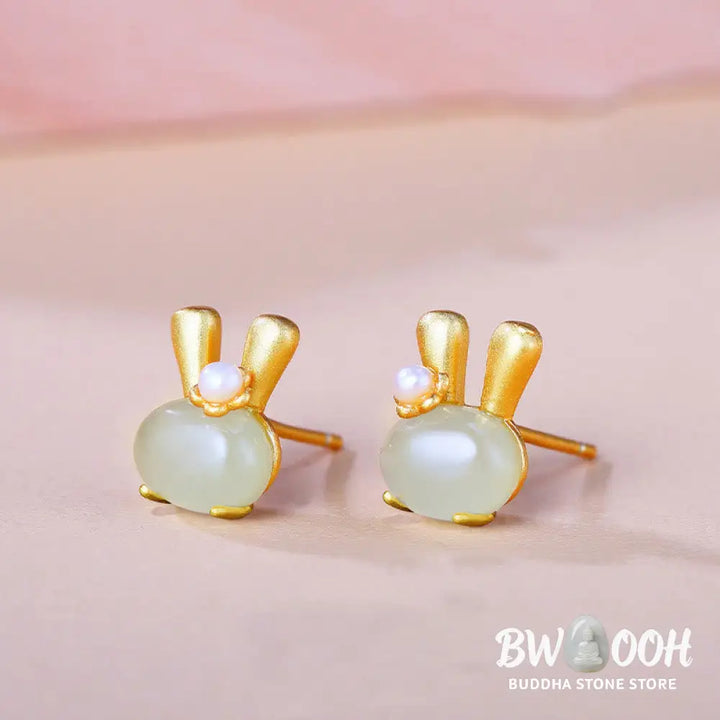 Buddha Stones 925 Sterling Silver Natural Hetian Jade Cute Rabbit Pearl Abundance Earrings - 925 Sterling Silver Hetian