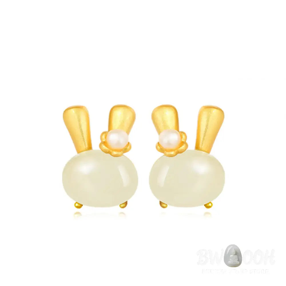 Buddha Stones 925 Sterling Silver Natural Hetian Jade Cute Rabbit Pearl Abundance Earrings - 925 Sterling Silver Hetian