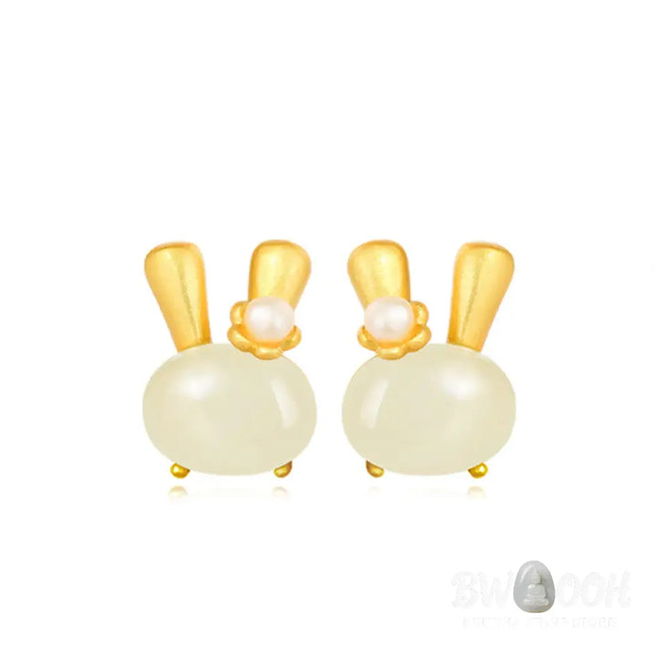 Buddha Stones 925 Sterling Silver Natural Hetian Jade Cute Rabbit Pearl Abundance Earrings - 925 Sterling Silver Hetian